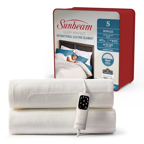 Sunbeam Sleep Perfect Antibacterial Electric Blanket Single | Fully Fitted, Washable, Auto-Off Timer, Safety Overheat Protection BLA6321