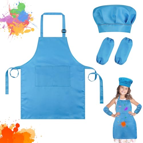 Ainiv Delantal Infantile + Gorro Cocinero Niño + Mangas de Cocineroes, Disfraz Cocina Infantil con 2 Bolsillos, Artista Apron para 7-13 Años, Mandil y Gorro Chef Niño para Pintar (Azul)