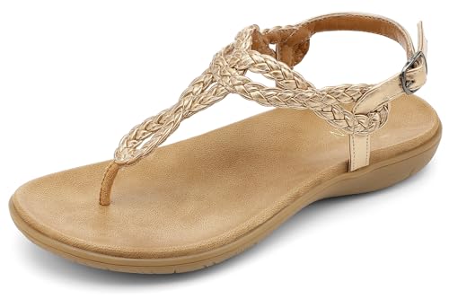 Image of UBFEN Womens Flat Sandals Dress Braided T-Strap Thong Sandals with Arch Support Comfortable for Walking