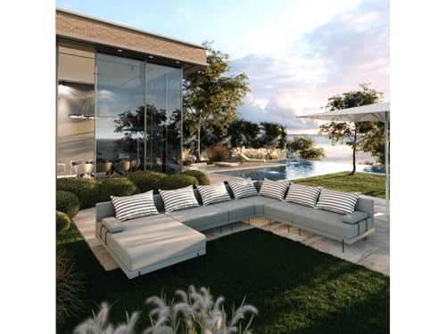TRADA Salon d'angle de Jardin en Bois Bahama XXL 410 x 298 cm en Forme de U (Set 5) (Gris + Coussins à Rayures, côté Droit)