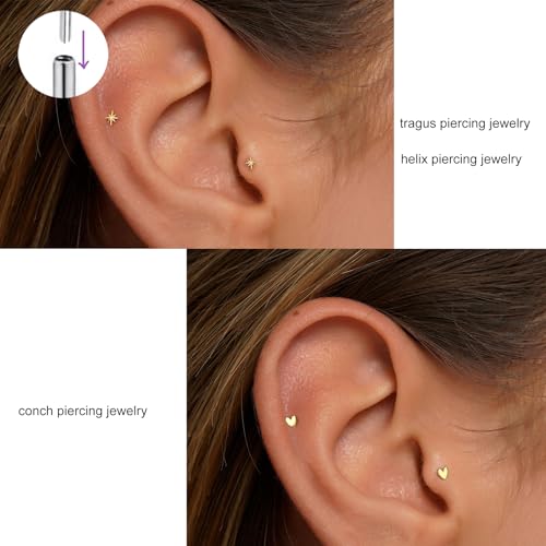 Flat Back Helix Piercing Jewelry, Tiny Threadless Flatback Stud Earrings 20G/18G/16G Titanium Cartilage Star Tragus Earrings Set Hypoallergenic Small Nose Conch Piercing Jewelry2