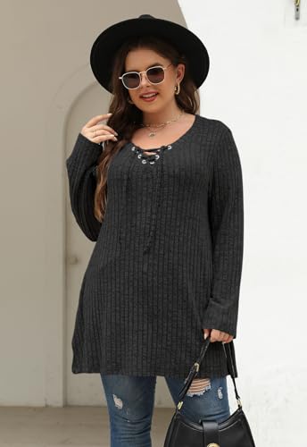 Image of Nemidor Women Plus Size Casual Tunic Top Drawstring V Neck Long Sleeve | 1X-5X plus, ribbed knit, long sweater, solid, semi-fitted flattering cut for curvy women, Fall, Winter, work, daily, dinner