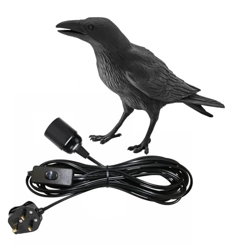 DC VOLTAGE Bird Table Lamp 3D Realistic Black Bird Light with E27 Bulb Holder, 30cm Resin Raven Lamp for Bedroom, Desk, Halloween Decor & Unique Gift Idea