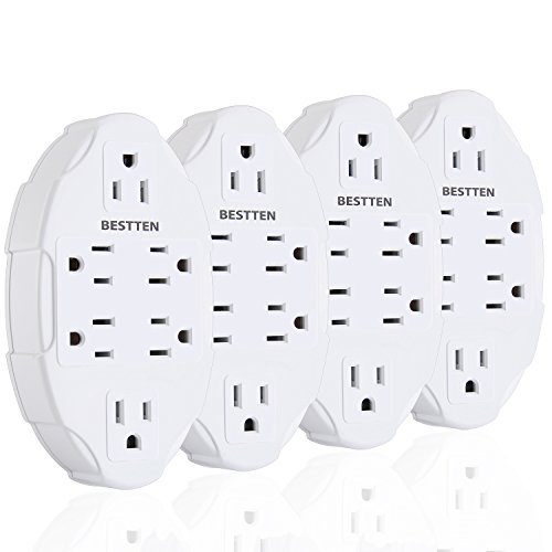 [4 Pack] BESTTEN 6-Outlet Grounded Wall Tap, Wall Mount Adapter Splitter, AC Multi-Plug Extension with 2 Wide Spaced Sockets, ETL Certified, White