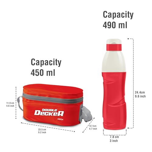 Image of MILTON Hydrameal Combo Set Lunch Box with Insulated Jacket & 490 ml Water Bottle, 3 Containers (450 ml, 280 ml, 280 ml), Microwavable & Leak-Proof Tiffin for Office, School & College, Red
