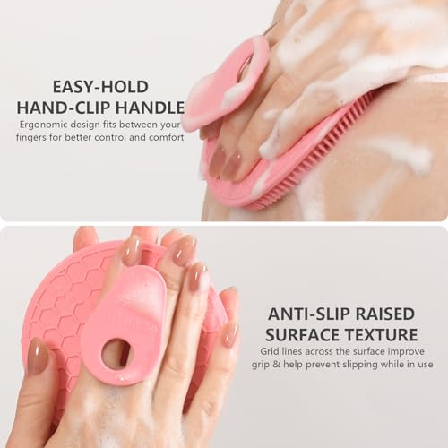 Image of BEAUTAIL Silicone Body & Face Scrubber Set 5 Pack, Gentle Shower Scrubber | Hygienic Silicone Loofah, Easy-Grip Handle, Soft Exfoliating Bath Brush for Sensitive Skin, Women, Men, Kid. Black+Pink+Green