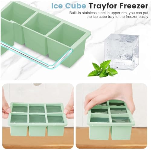 Image of Ice Cube Molds with Lid,Big Silicone Ice Cube Tray for Whiskey,2Inch Square Ice Cube Tray,Easy-Release Ice Mold,Giant Ice Cubes for Bourbon Cocktail (3, Green, Blue & Purple)