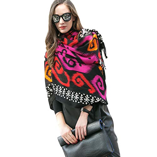 DANA XU 100% Pure Wool Women Winter Large Scarf Pashmina (Black) (Rose Red)