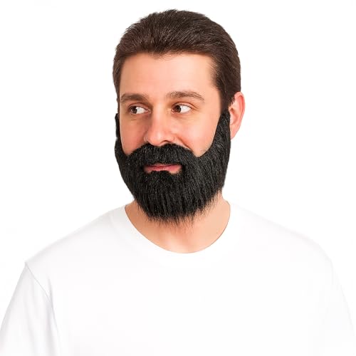 Fake Beard & Mustache | Full Beard with Mustache Costume Set | Fake Facial Hair | Stick On Beards | Beards & Mustaches Costume Accessories | Realistic Facial Hair | Self Adhesive | Black | One Size