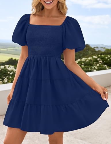 Image of ZESICA Women's Boho 2026 Summer Square Neck Puff Sleeve Off Shoulder Smocked Tiered Casual A Line Short Mini Dress
