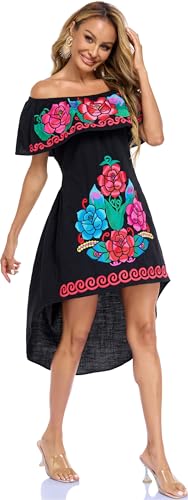 Image of YZXDORWJ Women's Mexican Asymmetrical Dress Embroidered Floral Off-Shoulder Cocktail Latina Fiesta Dress