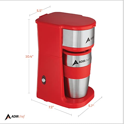 Adirchef Single Serve Mini Travel Coffee Maker & 15 Oz. Travel Mug Coffee Tumbler & Reusable Filter For Home, Office, Camping, Portable Small And Compact (Red) #TOP3