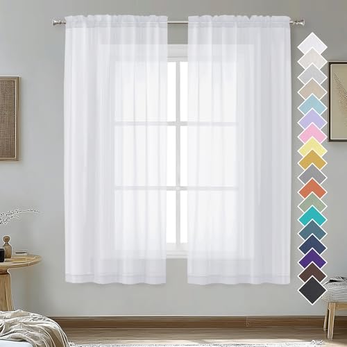 Image of OVZME White Sheer Curtains 63 inch Length 2 Panels for Bedroom Living Room, Light Filtering Dual Rod Pocket Voile, Each 42 Width by 63 Length.