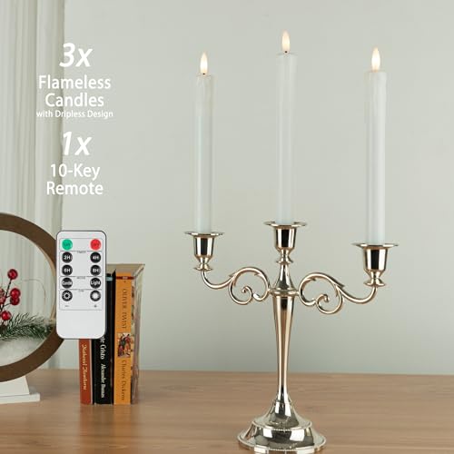 Image of Dripless Flameless Taper Candles with Rmote, 9.6 inch Real Wax Battery Operated Candles with 3D Wick, 3 Pack Led Candle Flickering Candlesticks for Home, Wedding, Party, White