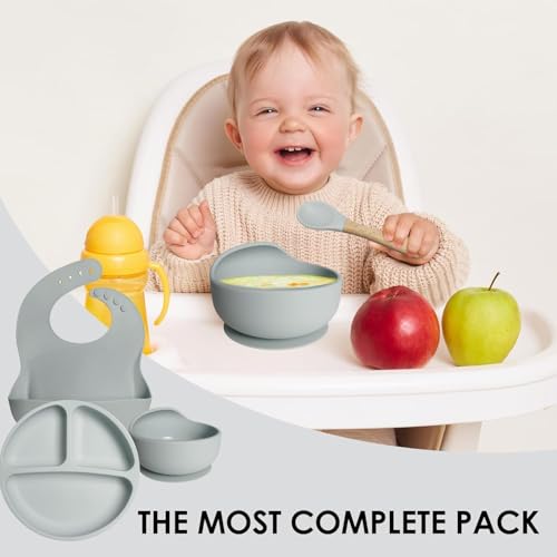 Image of Silicone Baby Feeding Set 6 Pieces with Suction Plate, Bowl, Adjustable Bib, Straw Cup, Spoon & Fork, BPA Free Baby Led Weaning Essentials - Grey