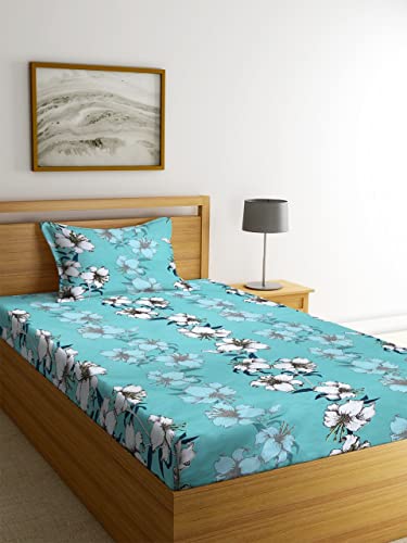 Image of NHD HOME Glace Cotton 180 TC Flat Single Bedsheets for Summer Breathable | Wrinklefree (Size-60 X 90 Inch) with 1 Pillow Covers (Size-17 X 27 Inches, Floral Sky Blue & White