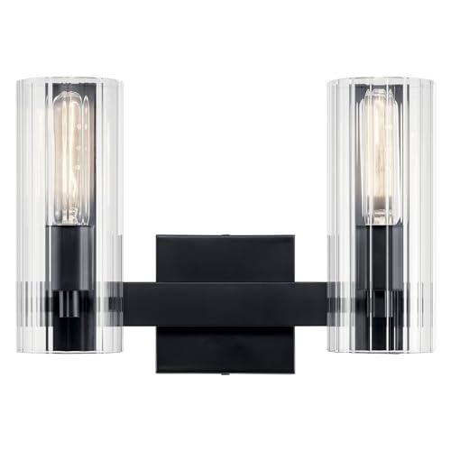 Image of Kichler Jemsa 2-Light Bathroom Vanity Light Fixture with Clear Fluted Glass in Black, Modern Wall Mount Light for Bathroom or Powder Room (9.75 inch x 13.75 inch), 55167BK