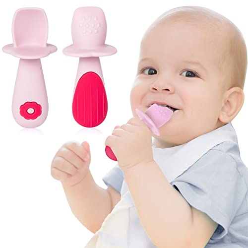 Image of Termichy Baby Led Weaning Spoon for First Stage Self-Feeding Training 6 Months, Toddler Utensils Set Dipping Spoon (PInk)