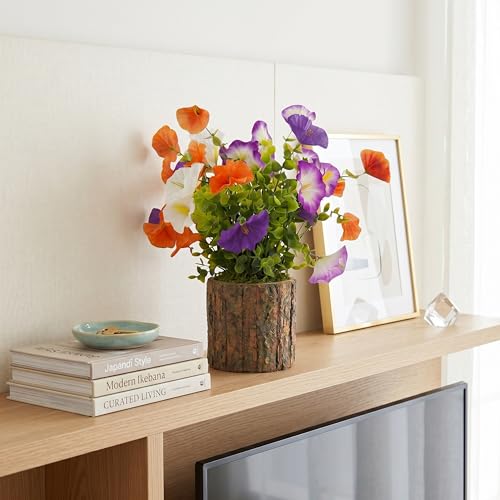 Image of Dekorly Artificial Morning Glory Flower with Real Wooden Vase (28CM Overall Height) | Decorative Lifelike Faux Floral Plant in Rustic Tree Log Pot for Living Room (Morning Glory Flower)