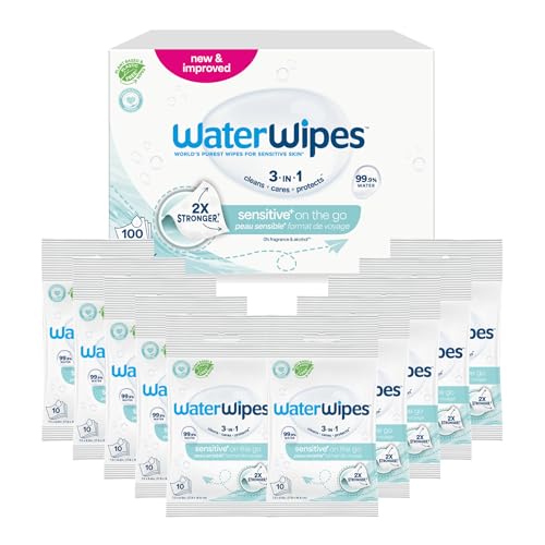 WaterWipes Sensitive+ On The Go Wipes, Toallitas Para Ilevar, 100 unidades (paquete de 10), 3 en 1 Limpia, Cuida, Protege, 99,9% Agua, Toallitas húmedas sin perfume