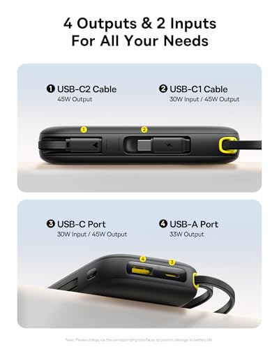 Image of Baseus QPow3 Powerbank 45 W 20000 mAh with 2 Integrated USB-C Cable, Power Bank PD3.0 QC4.0, 3 USB C and 1 USB A, LED Display Quick Charge Function for iPhone 16 /15 /14 Pro Max, iPad, Galaxy, Black