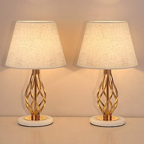 Bedside Lamps Set of 2,Elegant Table Lamps with Marble Base,Gold Vintage Nightstand Lamps with Fabric Shade,Decorative Modern Desk Reading Lamp for Bedroom,Living Room,Ideal Gifts for Friends