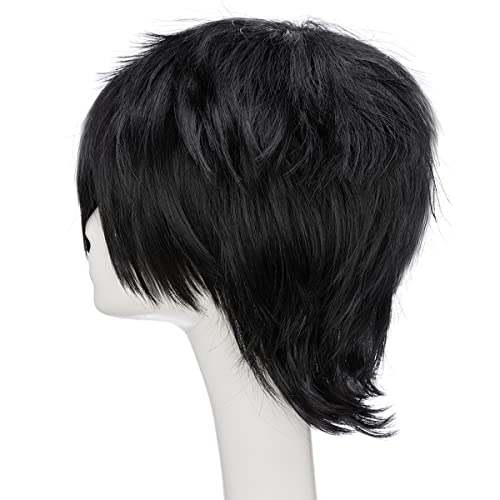 Unisex Women Mens Male Short Black Fluffy Straight Hair Wigs Anime Cosplay Party Dress Costume Synthetic Wig #TOP3