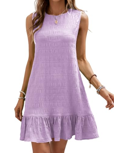 Image of SOLY HUX Women's Ruffle Hem Sleeveless Tank Dress Round Neck Casual Jacquard Hem Smock Summer Mini Dresses