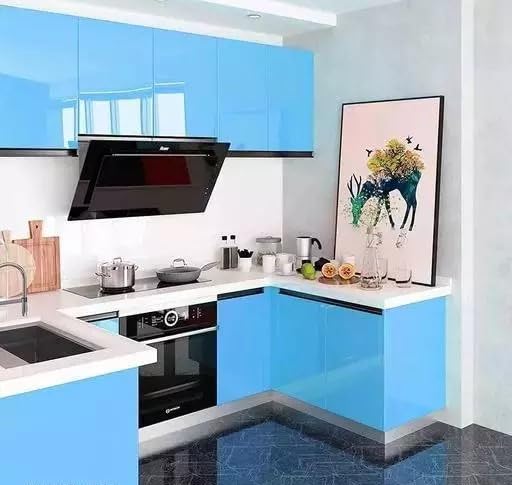 Image of HOME13 Sky Blue Glossy Wallpaper Peel & Stick Wallpaper Self Adhesive Removable Vinyl Wallpaper for Kitchen Cabinet Furniture Waterproof Countertop (24x60 Inch)