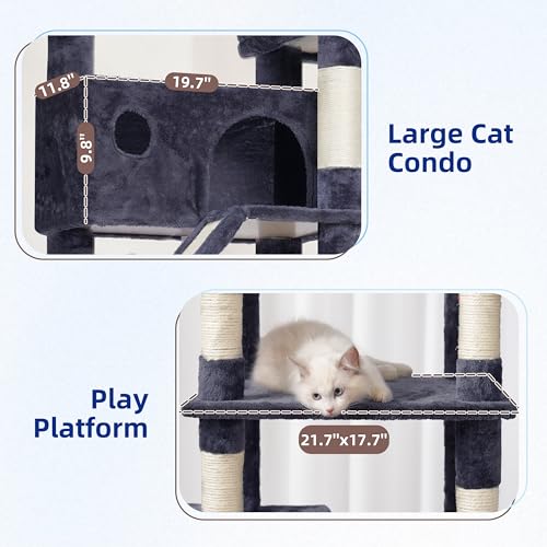 Image of Gitelsnour Tall Cat Tree Tower for for Multiple Cats, Large Condo, GCT031G | 78.7 inch(200cm) Multi-level Scratching Post for Indoor Large Adult, 2 Condo, 4 Platforms, 3 Hammock, Sisal Rope, Toys Smoky Gray