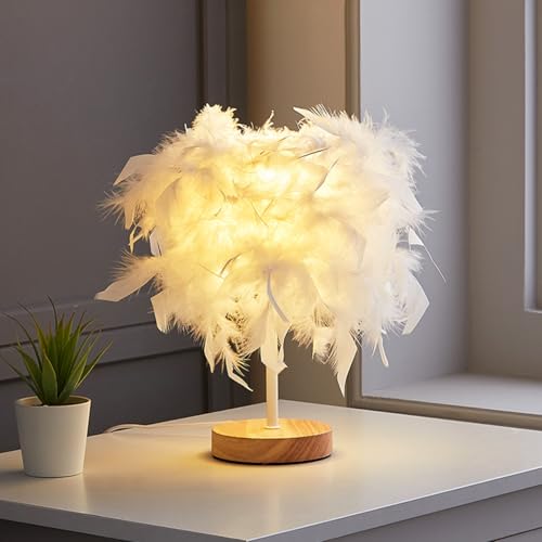 Meichoon Feather Table Lamp USB Plug-in LED Decorative Ambient Night Light Fixed Warm Light Soft Eye Protection for Bedroom Living Room LE22 White - Image 2