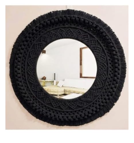 Image of Handmade Cotton Macrame Wall Hanging Glass Mirror with Boho Fringes, Bohemian Art Decorative Aina for Make-Up, Living Room, Bedroom (Black)