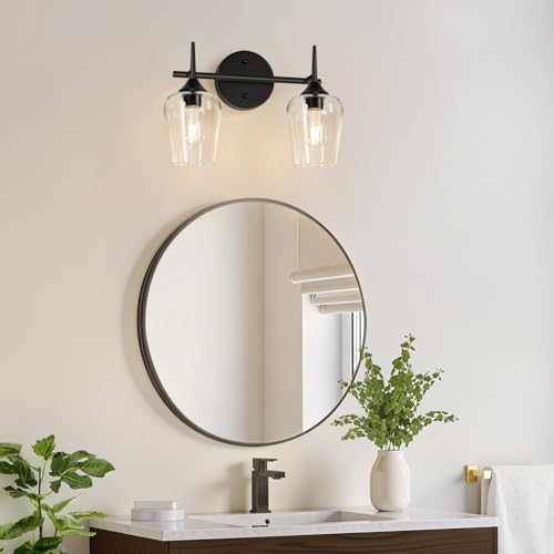 Image of MOKATNG 2-Light Bathroom Light Fixtures, Black Vanity Lights for Bathroom with Clear Glass, Bathroom Lighting Fixtures Over Mirror, Modern Wall lamp for Cabinet Hallway