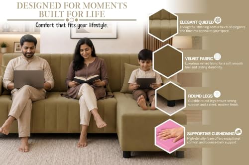 Image of Rosebell Three Seater Sofa with Ottoman | Living Room Couch | with Cushions | Sofa for Home, Apartment & Office-Golden
