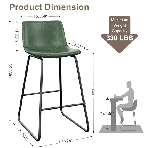 Image of REONEY Bar Stools Set of 2, 26 inch Urban Faux Leather Counter Stools, Green