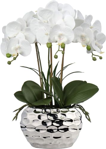 YUHOHO Orquídeas Artificiales de Tacto Real de 45 Cm, Orquídea Phalaenopsis con Macetas de Cerámica Plateadas, para Hogar, Oficina, Baño, Sala de Estar y Decoración de Bodas, Color Blanco