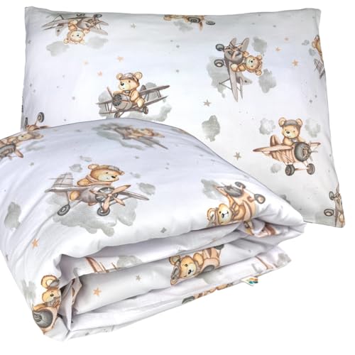 Kinderbettwäsche 90x120 + 40x60 | 100% Baumwolle Weiche & Farbenfrohe Bettwäsche für Babys | Mädchen & Jungs | Hochwertiges Set mit Reißverschluss YKK Kissenbezug | Schönes zartes Muster - Flugzeuge