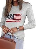 EVALESS Spring Sweaters for Women 2026 Trendy Lightweight Wool Blend Knit Sweaters Fashion Long Sleeve Crewneck American Flag Sweater Spring Outfits Pullover Sweater Tops Gray Medium