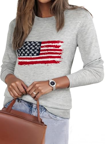 EVALESS Fall Sweaters for Women 2025 Trendy Lightweight Wool Blend Knit Sweaters Fashion Long Sleeve Crewneck American Flag Sweater Fall Outfits Pullover Sweater Tops Gray Small