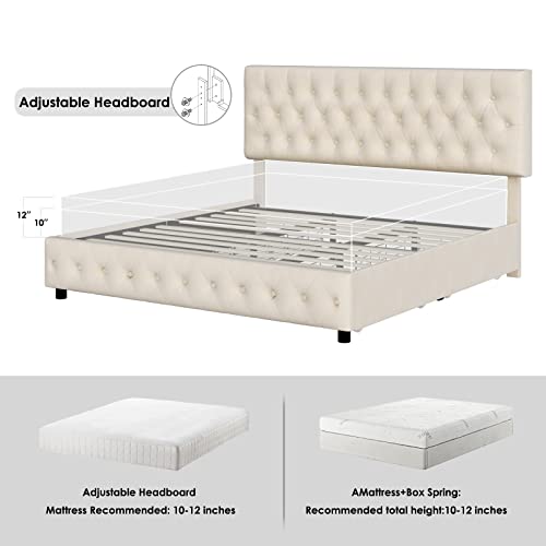 Keyluv Modern Upholstered Bed Frame With 4 Drawers, Button Tufted Headboard Design, Solid Wooden Slat Support, Easy Assembly, Soft Velvet, Beige, Queen Size #TOP5