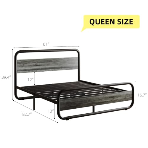 Image of Queen Bed Frame, Metal Platform Queen Bed Frame with Wood Headboard, Grey | RBG LED Lights /Heavy Duty Metal Slats Support /12 in Under-Bed Storage /Noise-Free /No Box Spring Needed /Easy Assembly