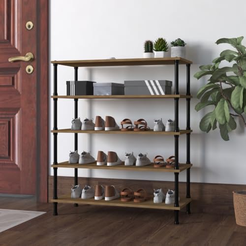 Image of TABLE MAGIC Jazz Shoe Rack Wooden Organizer | 5-Tier Multipurpose Shoes Stand for Home Wooden Shelves with & Steel Frame, Space-Saving Home Organizer, D30 x W60 x H85cm - Golden Teak