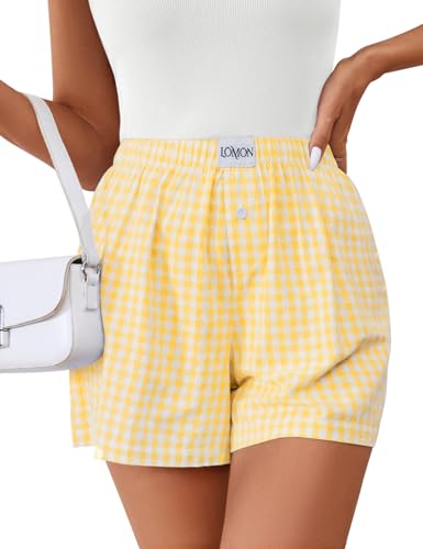 Image of LOMON Womens Boxer Shorts Casual Summer 2026 Pajama Lounge Sleep Pj Gingham Plaid Shorts Y2K Beach Bottoms