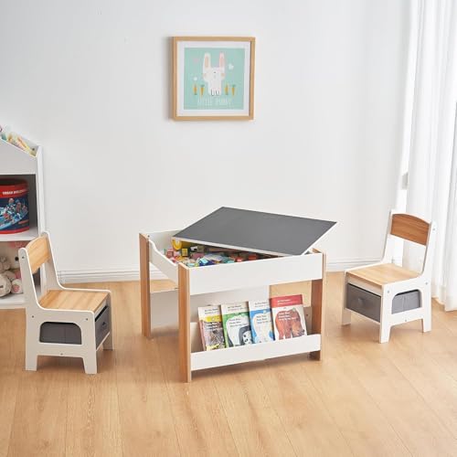 Asweets Kindertisch mit 2 Stühlen, Spieltisch Multifunktionale Aktivitätstisch mit Wendbarer Tischplatte, Bücherregalen, Kindersitzgruppe Holz, Maltisch für Kleinkind Mädchen Jungen mit Stauraum