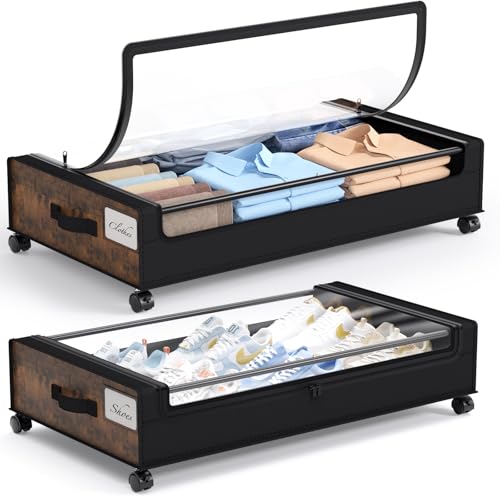 Yecaye Under Bed Storage with Wheels, 2Pack Under Bed Storage Containers, Underbed Shoe Storage Organizer, Rolling Under Bed Metal Drawers for Clothes, Blankets, Brown