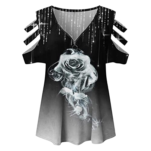 Blusa feminina de algodão com ombro de fora, manga curta, gola V, estampa floral, zíper, camiseta fe