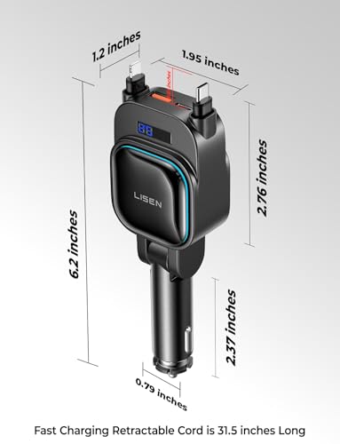 LISEN for iPhone 17 Pro Max Retractable Car Charger[USB C Cable & L Cable], 96W 4 in 1 Fast Charging Retractable Car Charger Cigarette Adapter for iPhone 16 15 14 13 12,Samsung Galaxy S25 S24, Android image 2