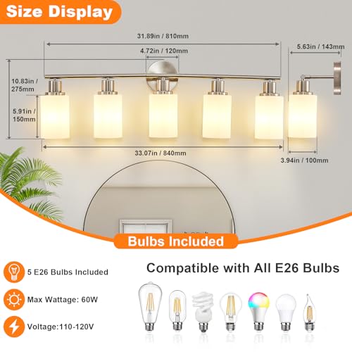 Image of DLLT 5-Light Bathroom Light Fixtures: Nickel Modern Vanity Lights with E26 Bulbs - Milky White Glass Shade Bathroom Wall Lamp for Mirror Kitchen Living Room Hallway Cabinet Porch