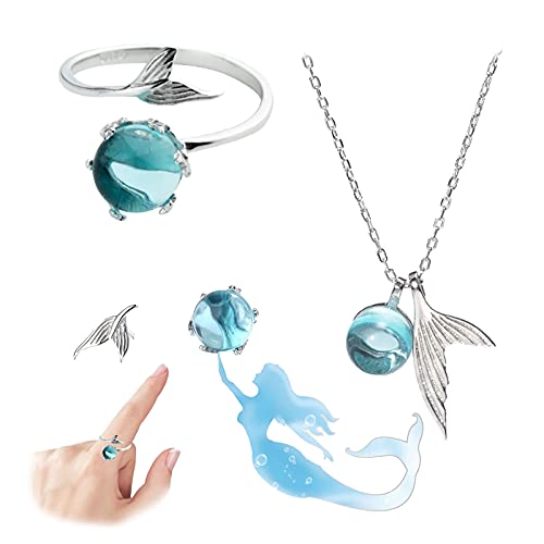 Collar De Sirena 4 Piezas Collar Azul De Cristal Clavícula Sirena Y Espuma Sirena Collar Mujer...