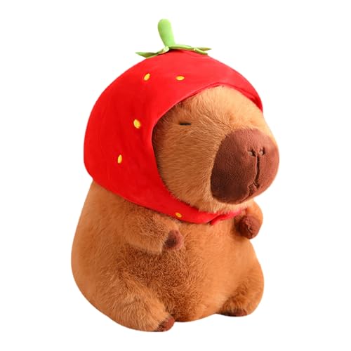 Animal de peluche Capybara - tela de peluche, cojín para animales blandos | Cute Capybara Plush con diseño de sombrero de fresas, muñeca rellena abrazable para niños y niñas